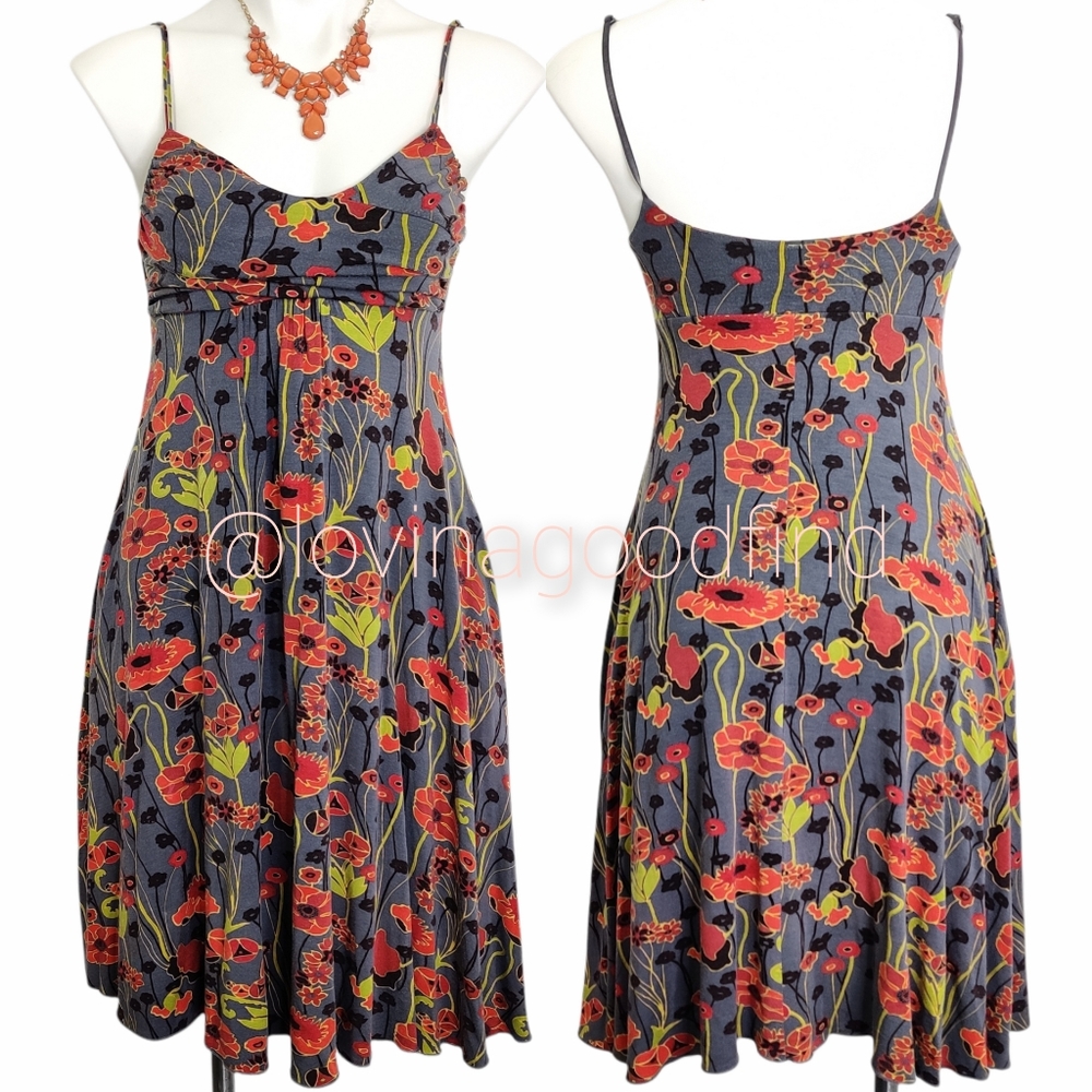 ANTHROPOLOGIE Anne Pinkerton Grey Poppy Floral Spaghetti Strap Dress EUC sz S